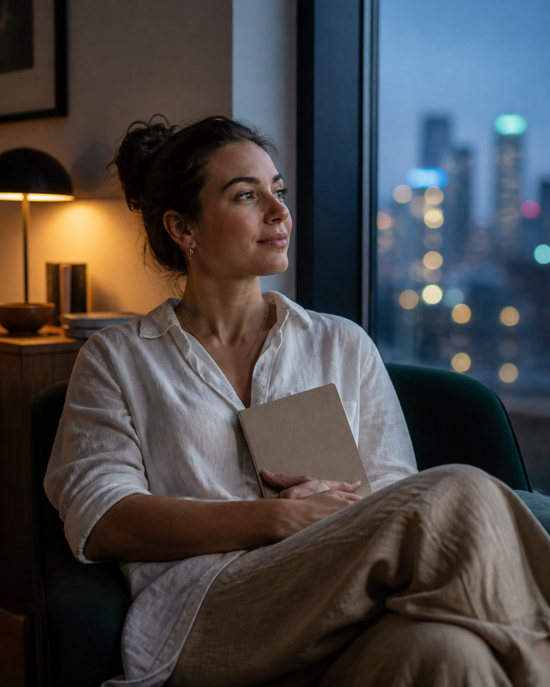 A quiet reflective moment beside a city window at blue hour