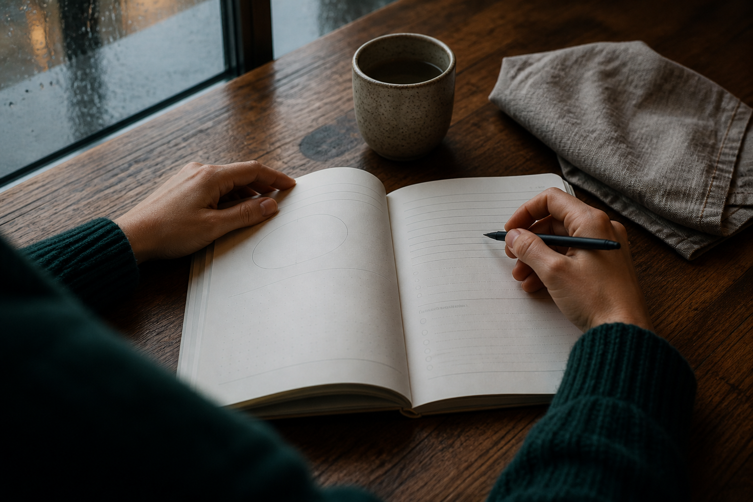 Hands pausing over an open workbook beside a rain-lit window